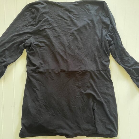 J Jill Wearever Top Black Small 3/4 Sleeve Faux Wrap Pleats Light Stretch T4 - Picture 10 of 10